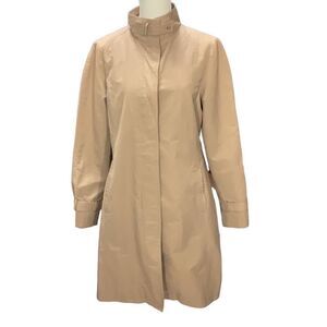 John Lewis Beige Trench Coat Mock Neck Hidden Buttons Pockets Lined Size 12